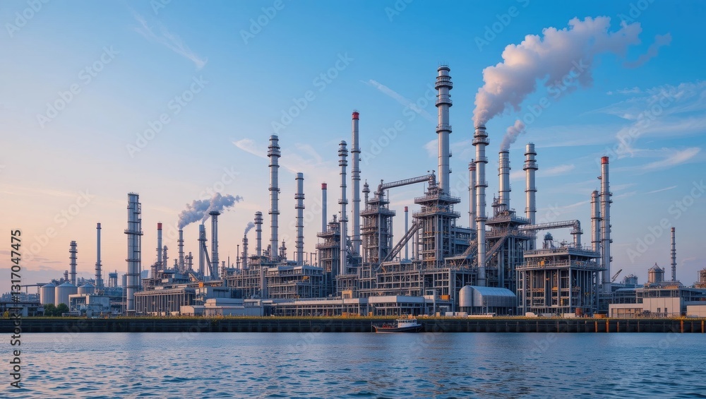 Industrial Refinery At Sunset Over Water With Smoke Stack Emitting Vapor In Urban Landscape Industrial Refinery At Sunset Over Water With Smoke Stack Emitting Vapor In Urban Landscape