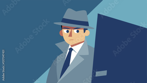 Stealthy Pose The detective peeking over the side of the car door wearing a fedora and trench coat with a hint of a smirk on their face.