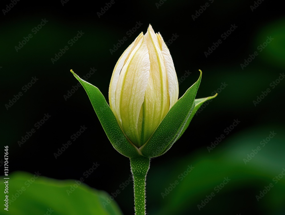 Obraz premium Delicate Creamy White Flower Bud Emerging Against a Dark Green Backdrop, Floral Beauty