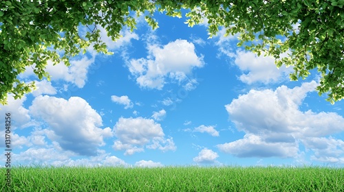 Bright Blue Sky with Fluffy White Clouds over Lush Green Field Framed by Green Leaves