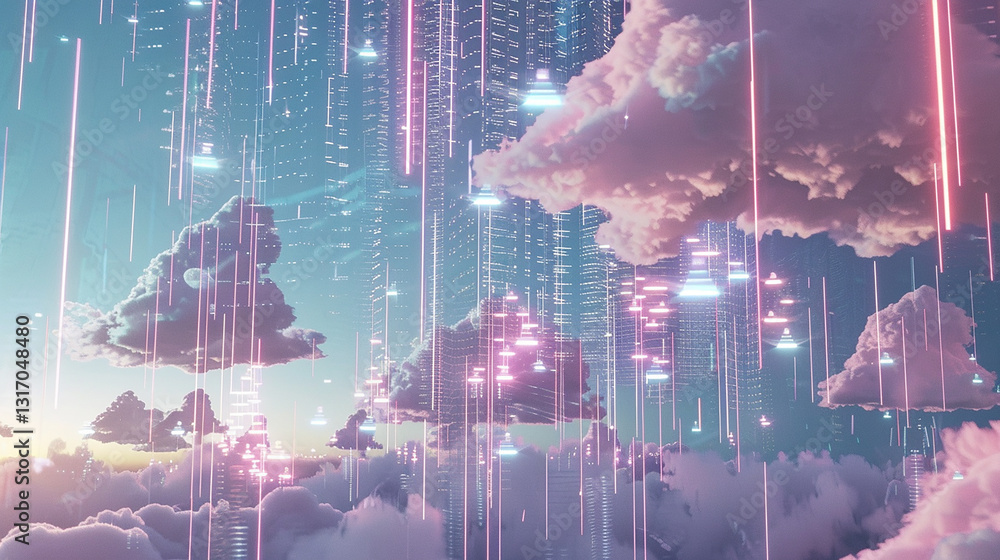 Obraz premium A colorful sky with a lot of clouds and neon lights. The sky is pink and purple, and the clouds are white. The neon lights are scattered throughout the sky