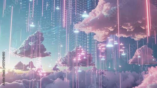 A colorful sky with a lot of clouds and neon lights. The sky is pink and purple, and the clouds are white. The neon lights are scattered throughout the sky
