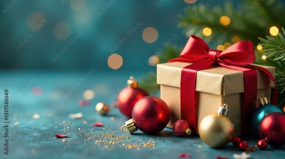 A Festive Gift Box with Ornaments and Sparkling Accents on a Dark Blue Surface A Festive Gift Box with Ornaments and Sparkling Accents on a Dark Blue Surface