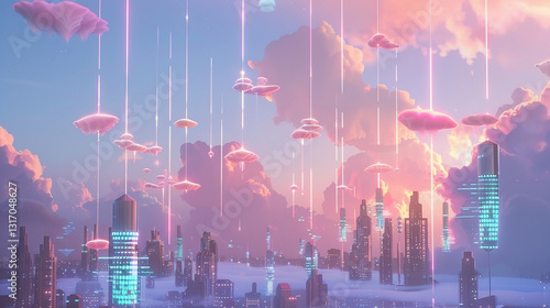 A colorful sky with a lot of clouds and neon lights. The sky is pink and purple, and the clouds are white. The neon lights are scattered throughout the sky