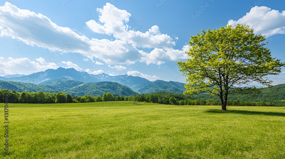Single Tree in Green Field with Mountain Background Single Tree in Green Field with Mountain Background