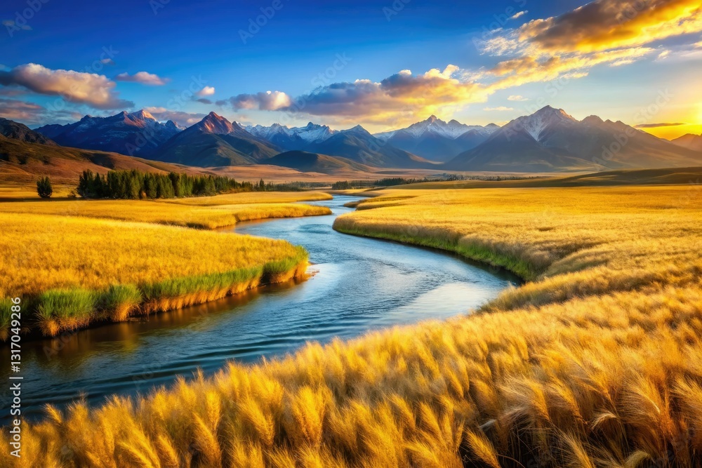 Naklejka premium Golden fields meet serene river, mountains rise in peaceful vista.