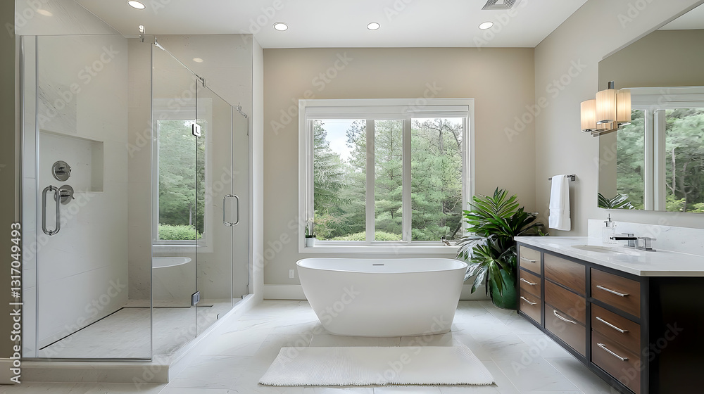 Fototapeta premium Modern White Bathroom With Soaking Tub Glass Shower And Natural Light Through Large Window