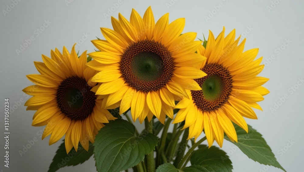 Obraz premium Vibrant Arrangement of Three Sunflowers with Bright Yellow Petals on a Light Background