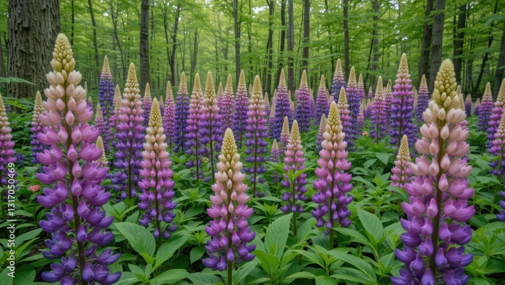 Vibrant Field of Lupines in Varying Shades of Purple Surrounded by Lush Green Forest Vibrant Field of Lupines in Varying Shades of Purple Surrounded by Lush Green Forest