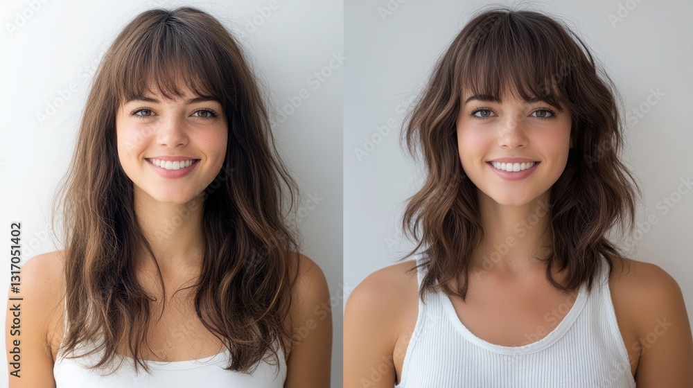Thick bangs before and after stylish styling . Thick bangs before and after stylish styling .