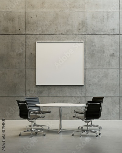 Modern office meeting room interior with white table chairs and a blank white board on a concrete wall