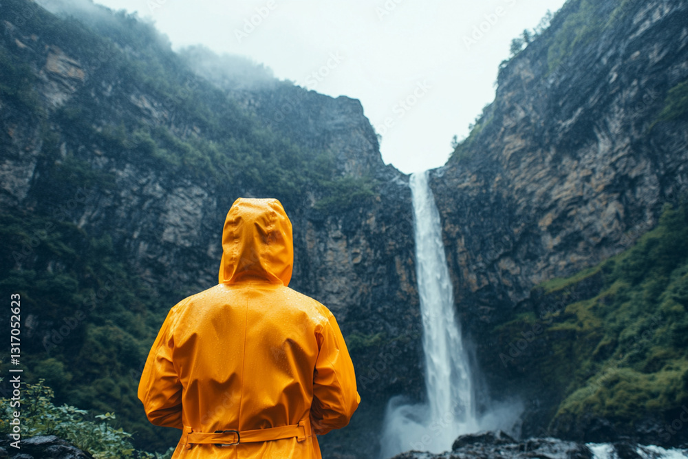A tourist in a bright raincoat on the background of a waterfall in the mountains A tourist in a bright raincoat on the background of a waterfall in the mountains