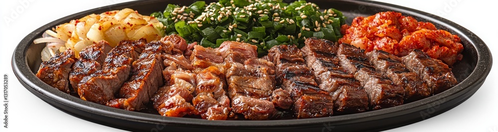 Grilled Meat Plate with Green Onions and Side Dishes on Black Platter Grilled Meat Plate with Green Onions and Side Dishes on Black Platter