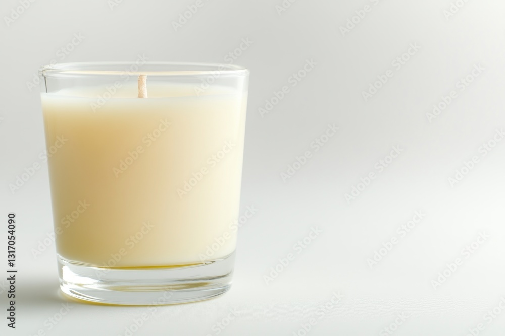 Aromatic White Candle in Simple Glass Holder on Soft Background Aromatic White Candle in Simple Glass Holder on Soft Background