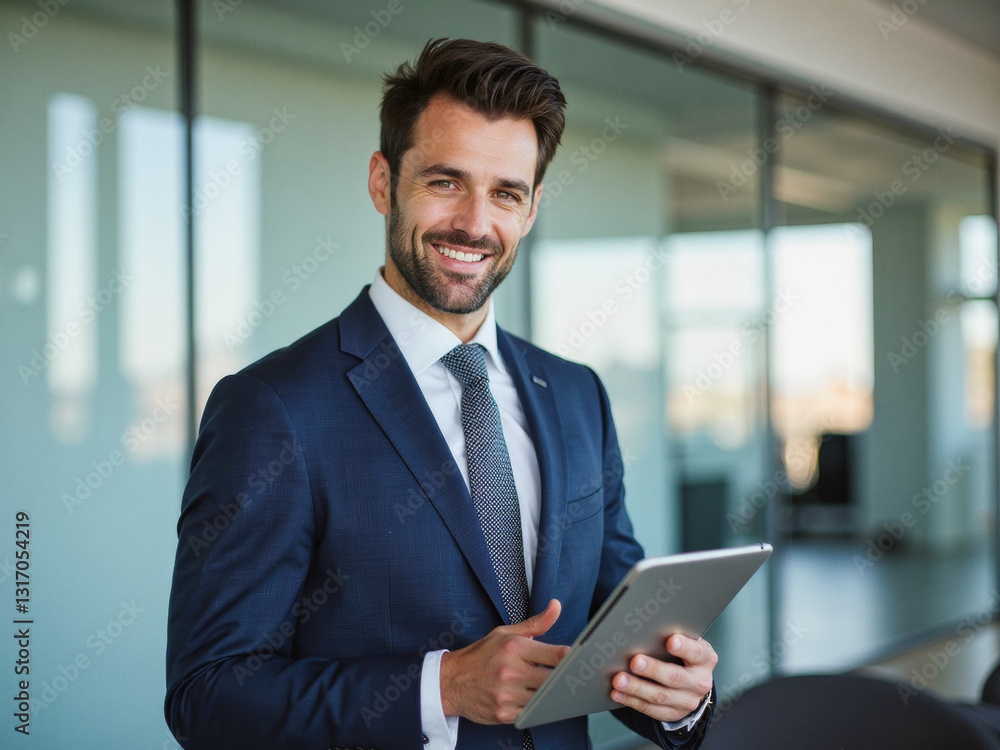A portrait headshot photo of a professional CEO executive business worker: A man in a blue suit is smiling and holding a tablet A portrait headshot photo of a professional CEO executive business worker: A man in a blue suit is smiling and holding a tablet