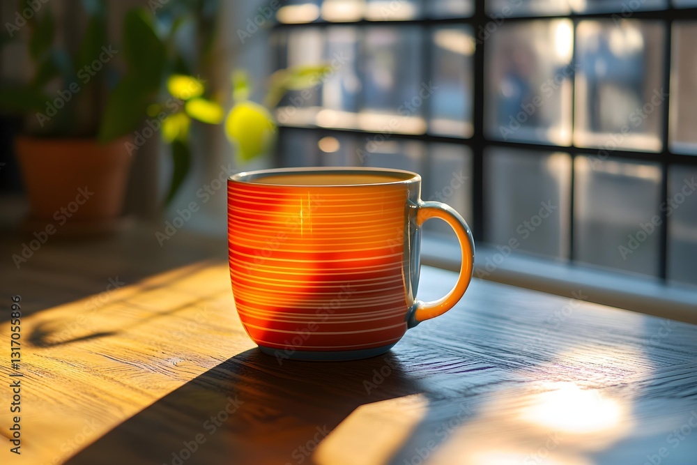 custom made wallpaper toronto digitalCozy Coffee Moment with Striped Ceramic Mug on Wooden Table, Warm Sunlight and Shadow Patterns in a Rustic Setting with a Greenery Backdrop