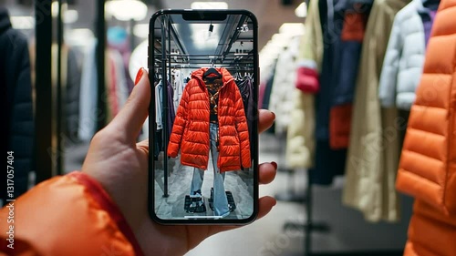 Augmented Reality Shopping: Woman using AR on mobile phone to virtually try on jacket