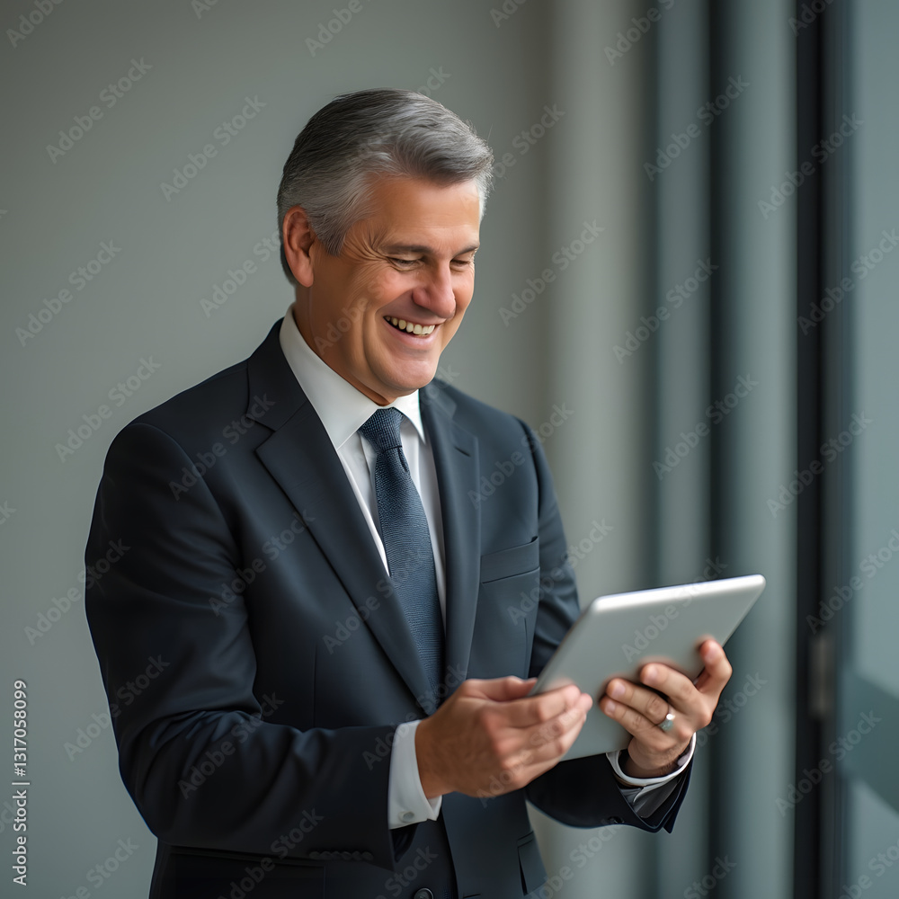 Confident CEO in Black Business Suit Using Tablet in Modern Office Setting Confident CEO in Black Business Suit Using Tablet in Modern Office Setting