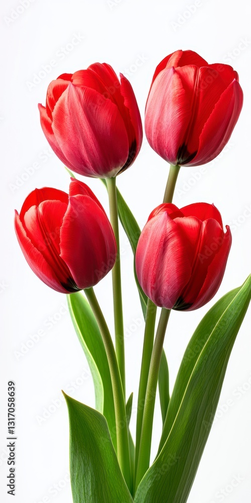 Naklejka premium Closeup Vibrant Red Tulips Bouquet on White Background