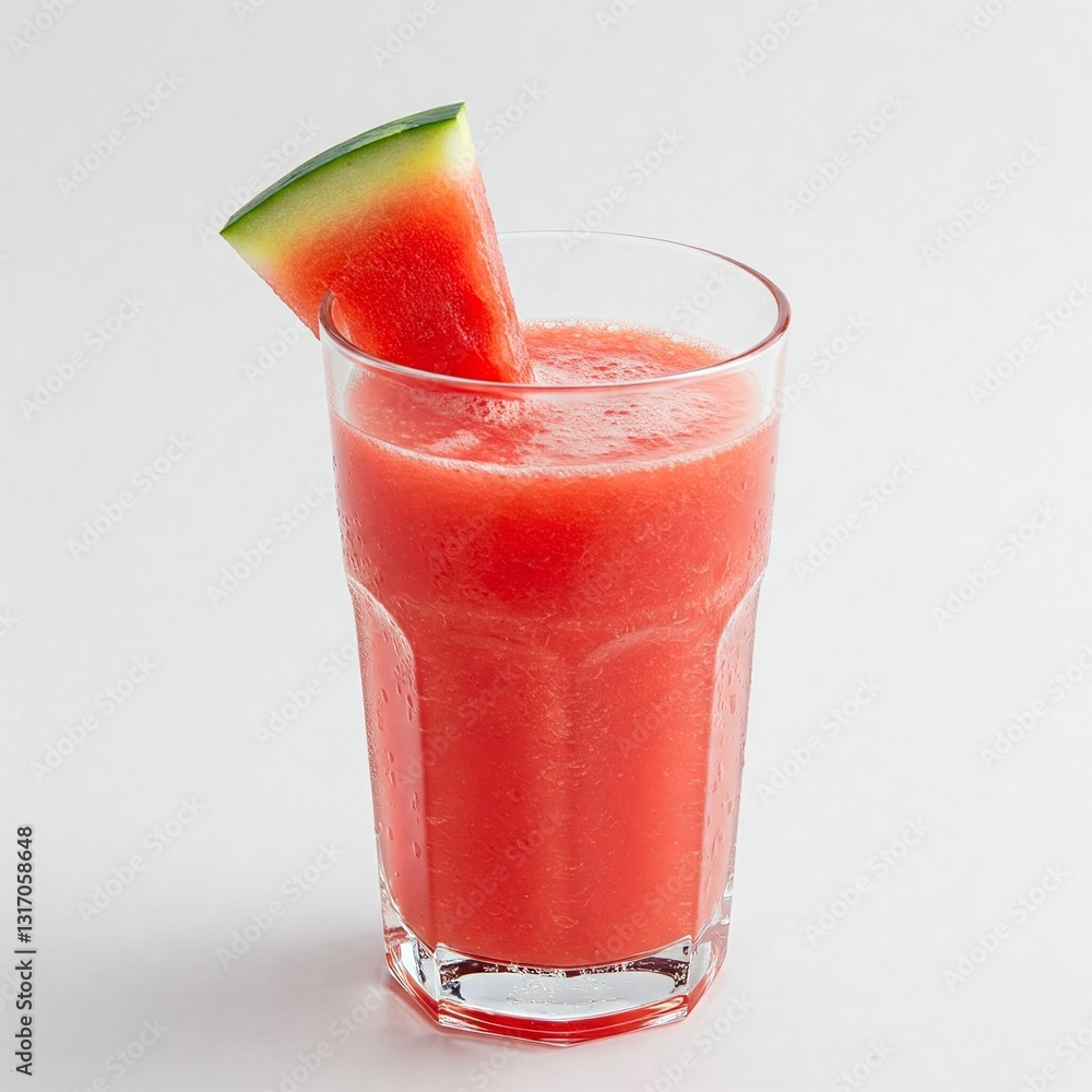 single glass of freshly blended watermelon juice with a slice of fruit on the rim, placed on a bright white background.
single glass of freshly blended watermelon juice with a slice of fruit on the rim, placed on a bright white background.