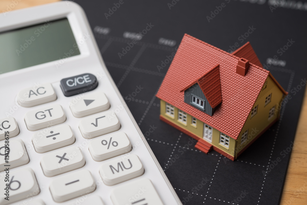 House model, calendar and white calculator. Mortgage loan for buying home or real estate property, home finance, money saving planning, money risk management, installment schedule and so on concept. House model, calendar and white calculator. Mortgage loan for buying home or real estate property, home finance, money saving planning, money risk management, installment schedule and so on concept.