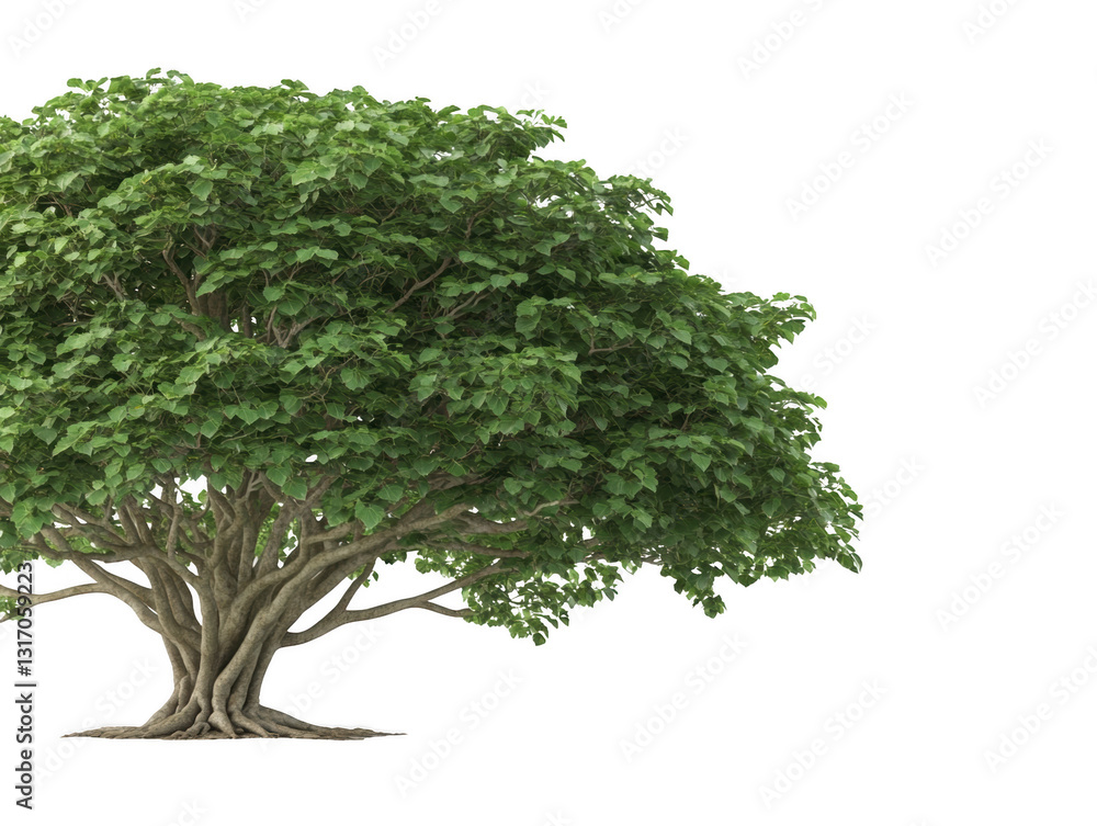 A large tree with green leaves is the main focus of the image. The tree is surrounded by a white background, which creates a sense of contrast and emphasizes the tree's size and beauty A large tree with green leaves is the main focus of the image. The tree is surrounded by a white background, which creates a sense of contrast and emphasizes the tree's size and beauty
