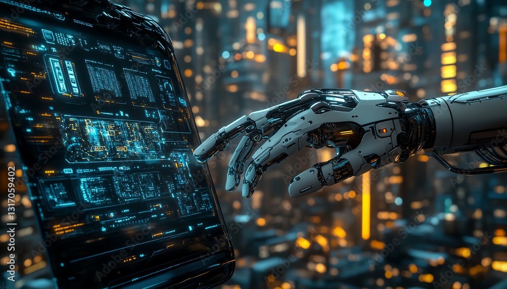 AIpowered robotic arm navigating an ultramodern holographic dashboard AIpowered robotic arm navigating an ultramodern holographic dashboard