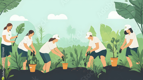 of reforestation with volunteers planting trees in a sustainable environment 