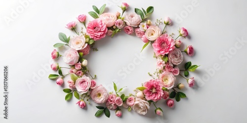 A Delicate Floral Wreath of Pink Roses and Dahlias Arranged in a Circular Pattern on a Light Background, Perfect for Invitations or Announcements