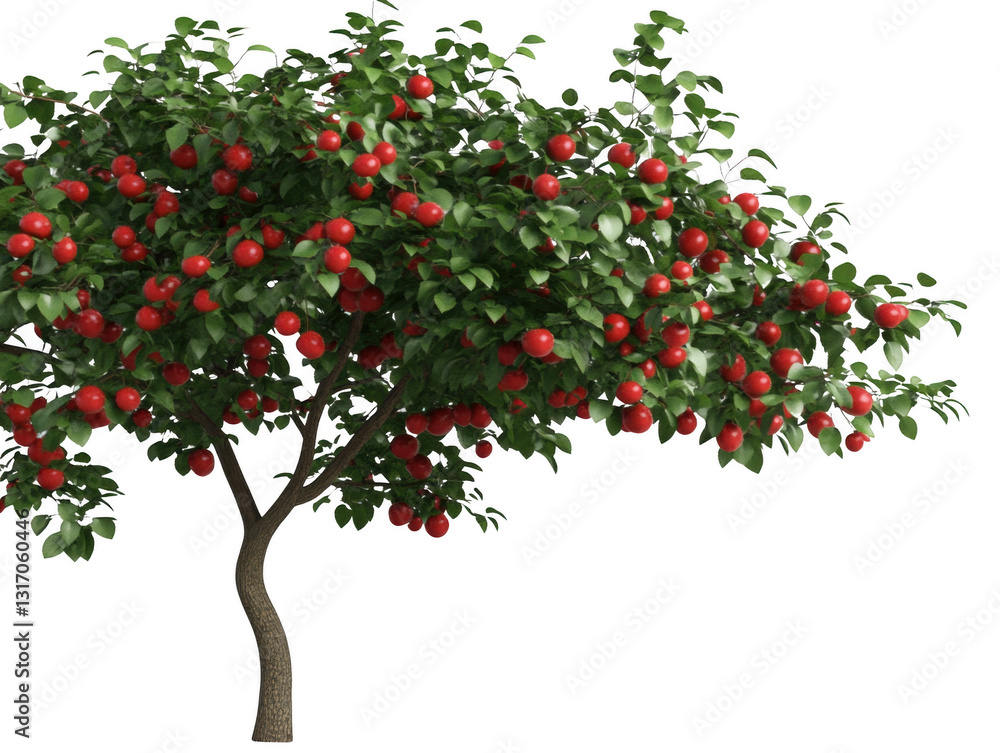 A tree with many red apples on it. The tree is tall and has a lot of leaves. The apples are ripe and ready to be picked A tree with many red apples on it. The tree is tall and has a lot of leaves. The apples are ripe and ready to be picked