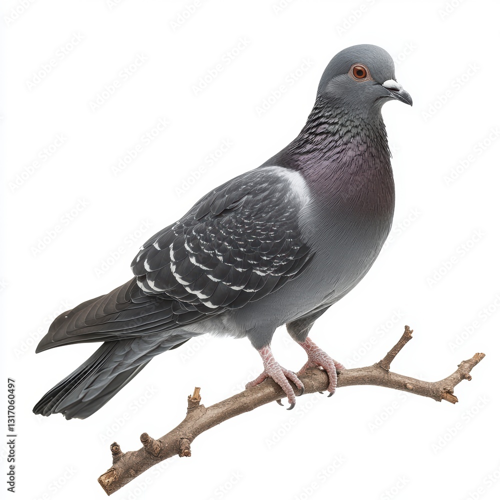 Fototapeta premium Gray Pigeon Perched on Bare Branch Against White Background