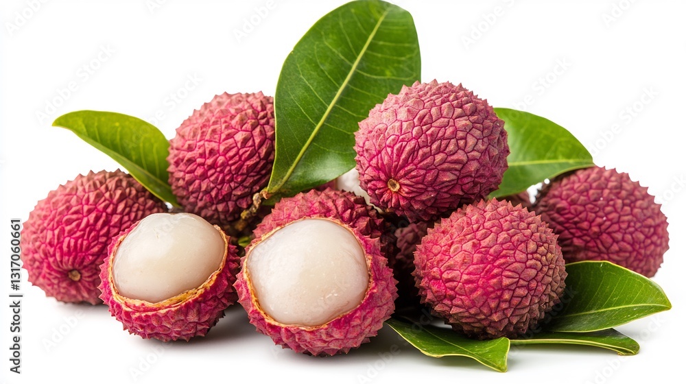 Vibrant red lychees gleam invitingly nestled amongst lush green leaves against a bright white background. AI Generated Vibrant red lychees gleam invitingly nestled amongst lush green leaves against a bright white background. AI Generated