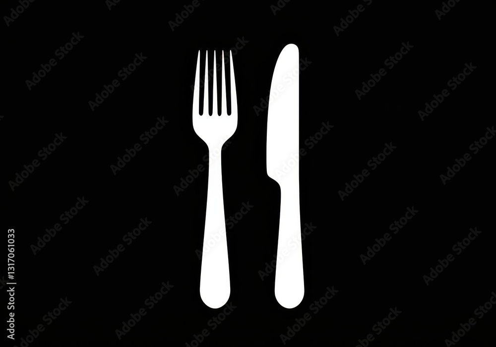Minimalist cutlery illustration, black and white, fork and knife silhouette, simple dining utensils, clean lines, graphic design, high contrast, restaurant icon, vector style Minimalist cutlery illustration, black and white, fork and knife silhouette, simple dining utensils, clean lines, graphic design, high contrast, restaurant icon, vector style