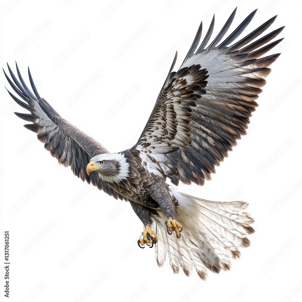 Obraz premium Majestic Bald Eagle in Flight Against White Background