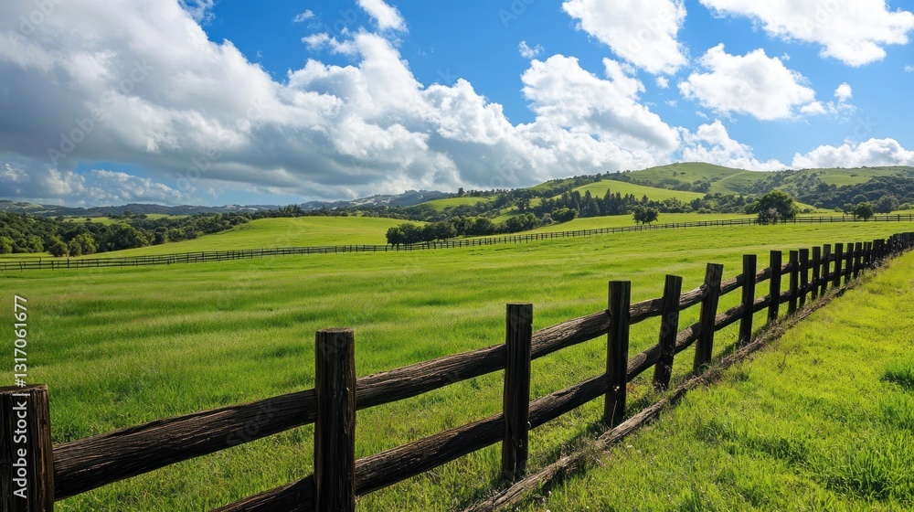 Idyllic landscape of rolling green hills under a sky with rustic wooden fence Idyllic landscape of rolling green hills under a sky with rustic wooden fence