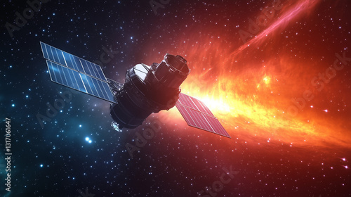 Solar sail satellite glides through space, surrounded by vibrant energy waves, symbolizing futuristic exploration.