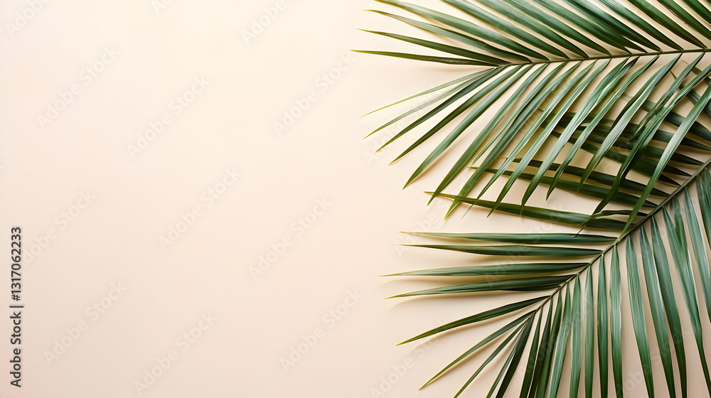 Fototapeta premium Tropical Green Palm Leaf On A Light Beige Background With Copy Space For Text Or Design Minimalist Flat Lay Summer Theme