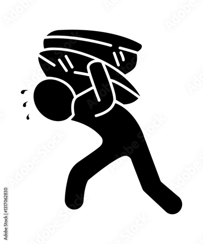 Stickman carrying heavy weight bag. Cartoon stick figure pictogram icon. Hard work.