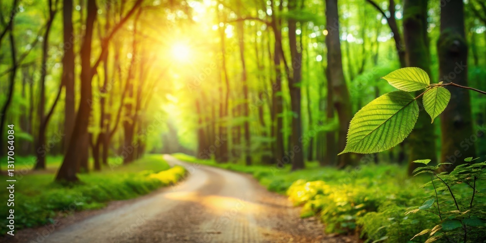 Naklejka premium Serene Woodland Path at Sunset, Illuminated by Golden Rays, with Vibrant Green Foliage in Focus