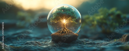 Naturepowered illumination a glowing filament seamlessly intertwined with the roots of a miniature bonsai tree inside a glass bulb photo