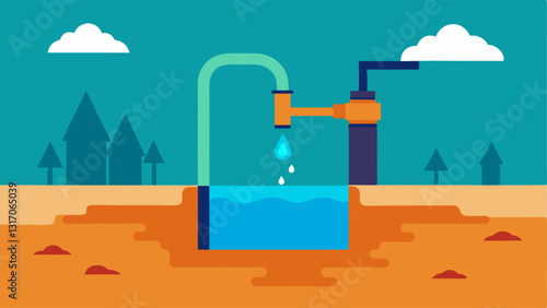 Pumping Groundwater An of a large pump ing water from underground depicted with visible water levels dropping in the nearby wells and drought conditions emerging.