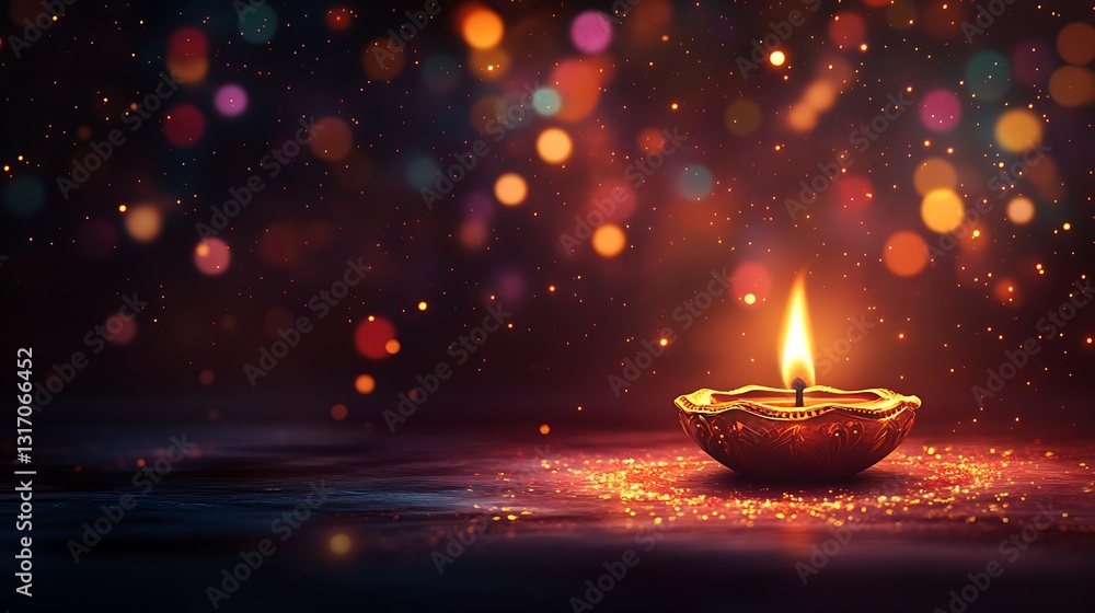 A serene Diwali-themed image showcasing a warmly lit diya flame gently illuminating soft-focused foreground, extensive blank area ideal for text, A serene Diwali-themed image showcasing a warmly lit diya flame gently illuminating soft-focused foreground, extensive blank area ideal for text,
