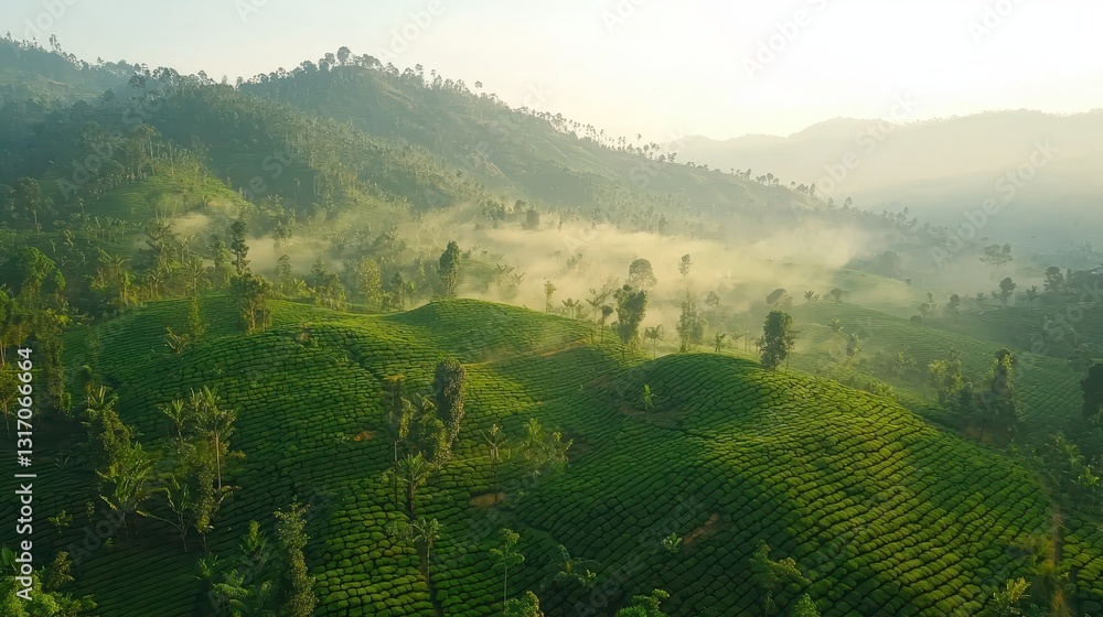 Fototapeta premium Lush Green Tea Plantation Landscape at Sunrise in Misty Mountains