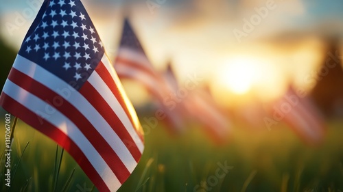 Lush Green Field with American Flags at Sunset with Soft Light and Warm Color Palette