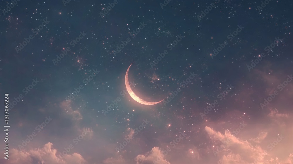 Fototapeta premium Dreamy night sky with crescent moon, stars, and soft-floating clouds evoking magic and tranquility