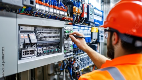 Technician Programming PLC in Control Panel with Safety Gear