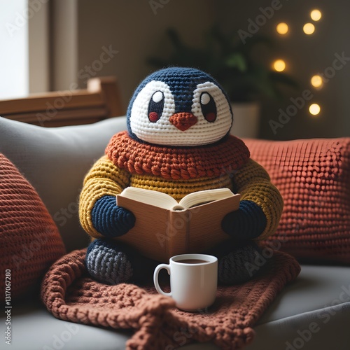 a penguin in a cozy knitted sweater sitting on a couch with a book and a cup of tea smiling warmly
