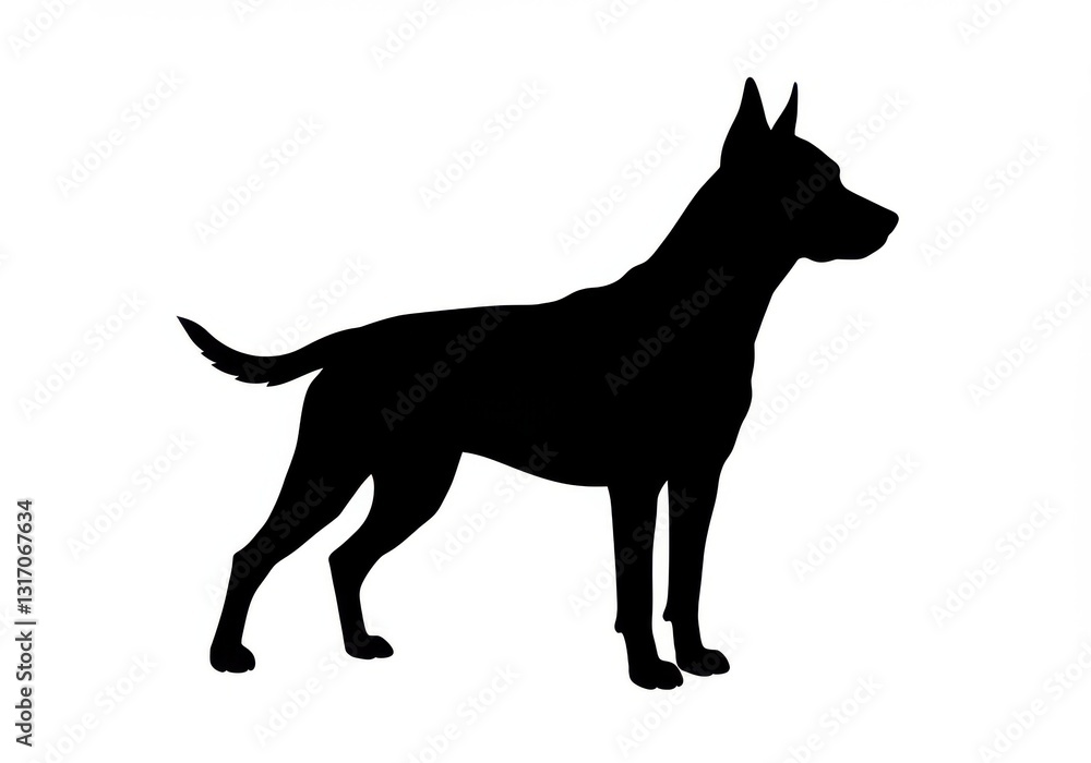 silhouette, dog profile, black and white, simple graphic, canine outline, standing pose, tail wagging, alert ears, muscular build, solid black shape, minimalist design silhouette, dog profile, black and white, simple graphic, canine outline, standing pose, tail wagging, alert ears, muscular build, solid black shape, minimalist design