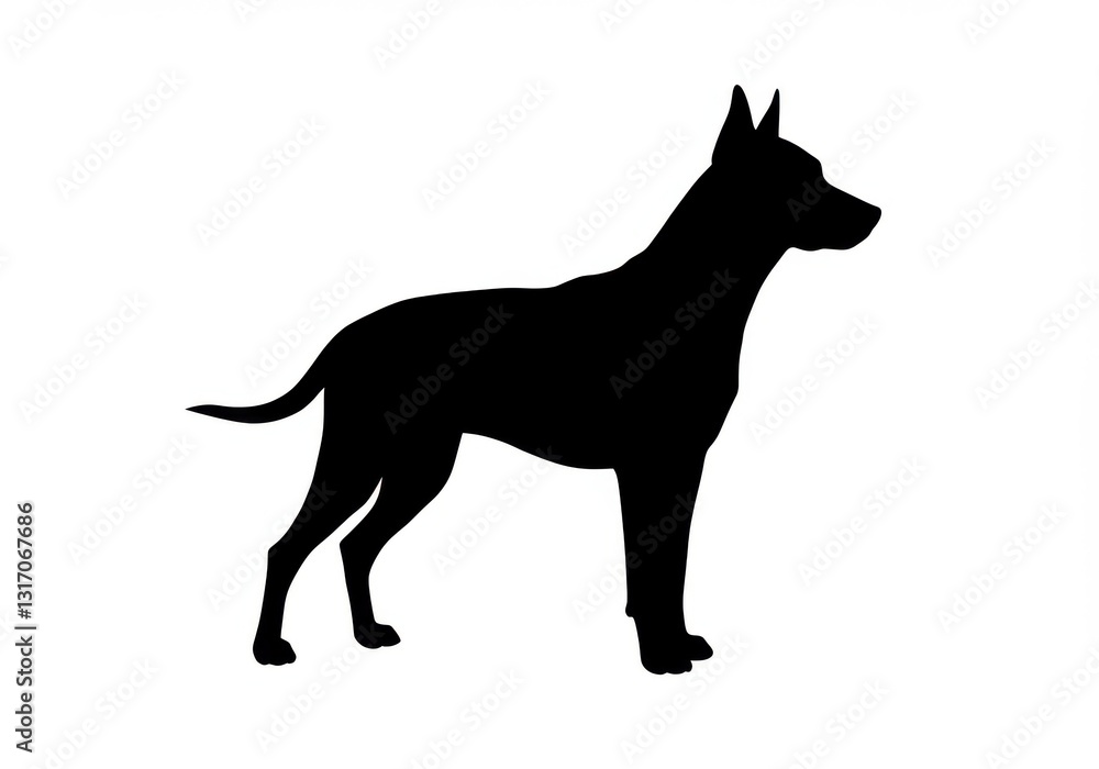 silhouette, dog profile, black and white, simple graphic, canine outline, standing pose, tail wagging, alert ears, muscular build, solid black shape, minimalist design silhouette, dog profile, black and white, simple graphic, canine outline, standing pose, tail wagging, alert ears, muscular build, solid black shape, minimalist design
