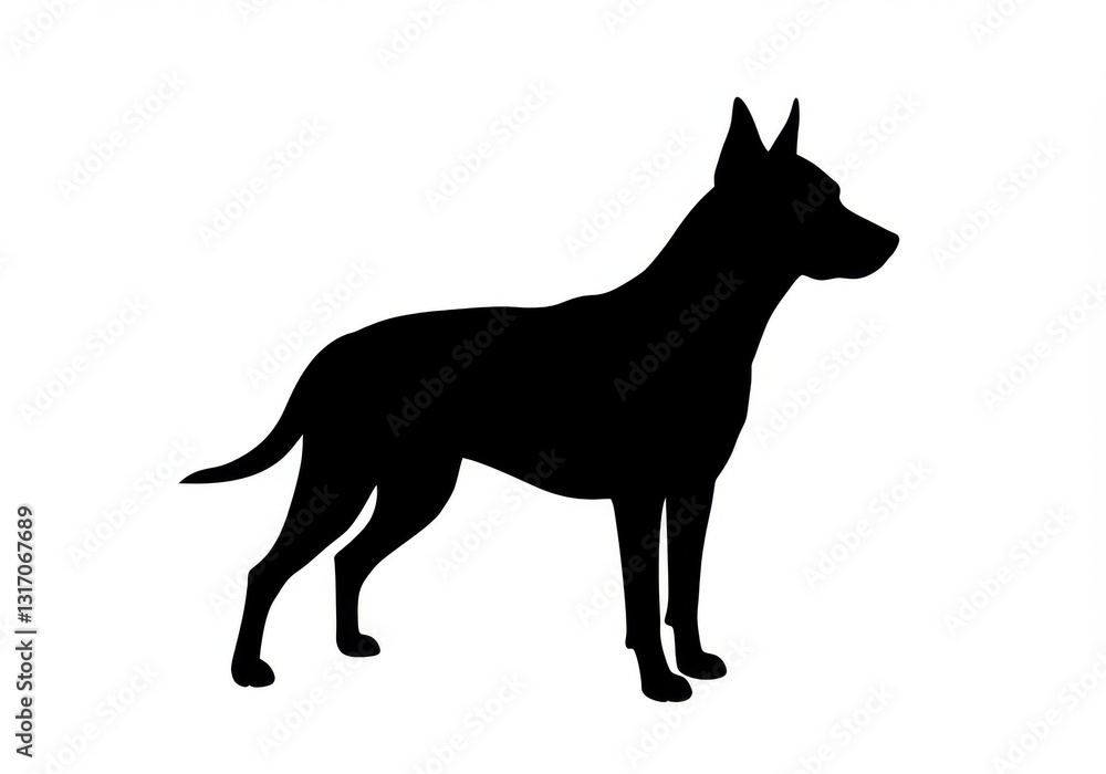 silhouette, dog profile, black and white, simple graphic, canine outline, standing pose, tail wagging, alert ears, muscular build, solid black shape, minimalist design silhouette, dog profile, black and white, simple graphic, canine outline, standing pose, tail wagging, alert ears, muscular build, solid black shape, minimalist design
